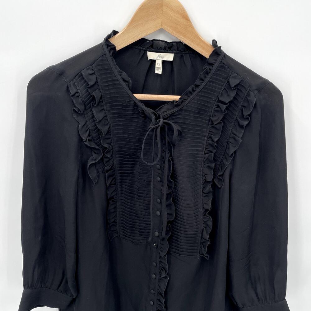 JOIE 100% Silk Ruffle Tie Neck Black Long Sleeve Blouse // XS - Picture 2 of 10